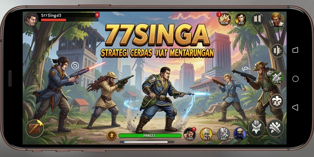 Tampilan gameplay menegangkan dari 77SINGA yang menggambarkan strategi pertempuran.