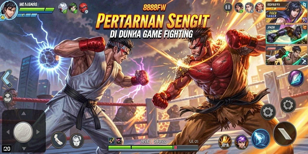 Tangkapan layar game Fighting 888FW menampilkan pertarungan intense antara karakter.