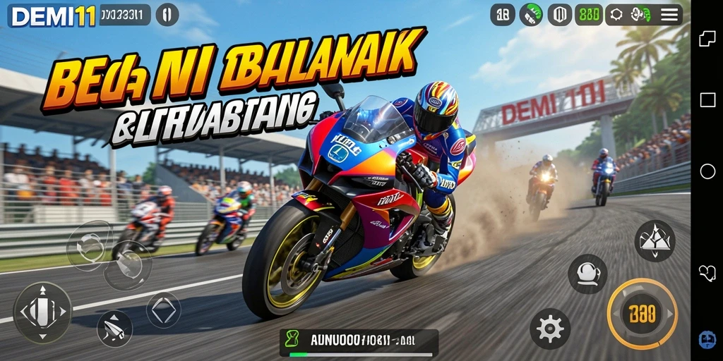 Tangkapan layar DEMI11 menunjukkan aksi balapan motor yang menegangkan.