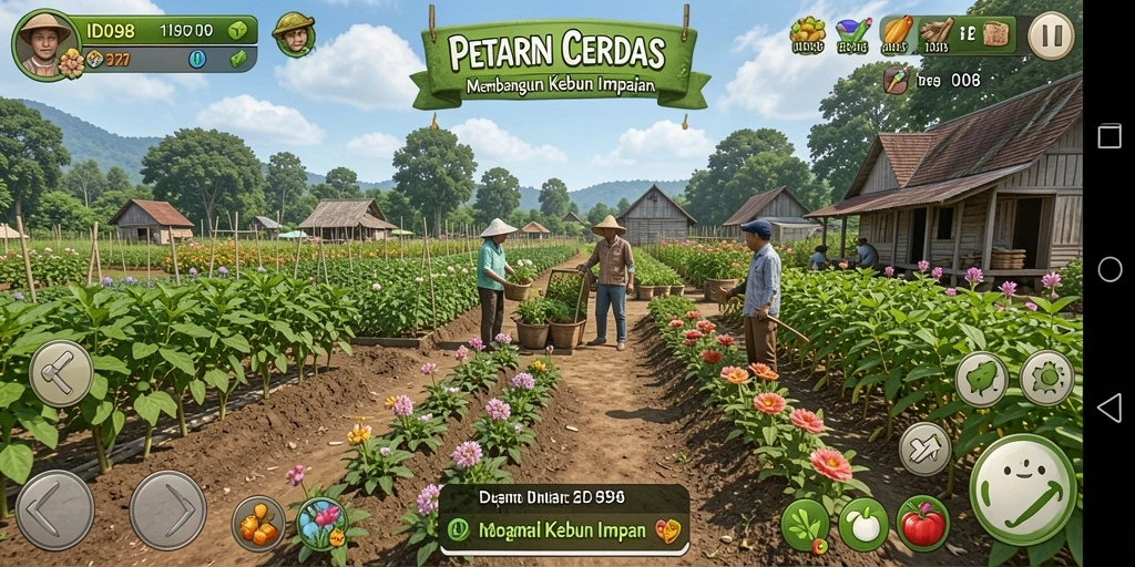 Screenshot ID098 menampilkan kebun yang subur dan penuh warna.