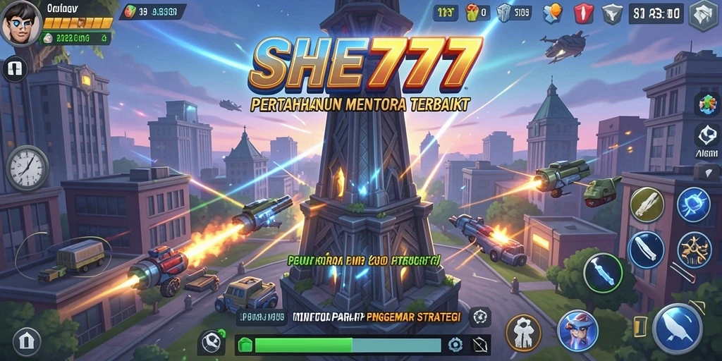 Screenshot utama SHE777 menampilkan aksi Tower Defense yang mendebarkan.
